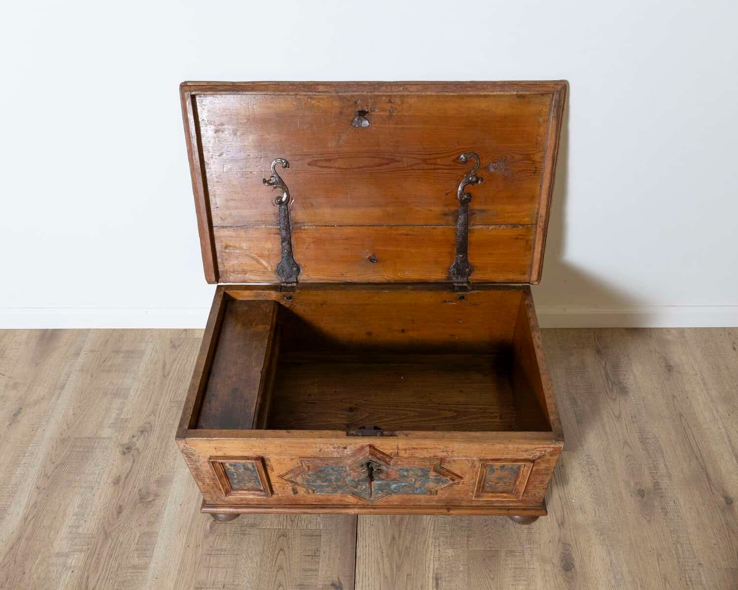Austrian Tyrolean 19th Century Painted Fir Chest with Star Rosette Panel and Original Hardware - JAA