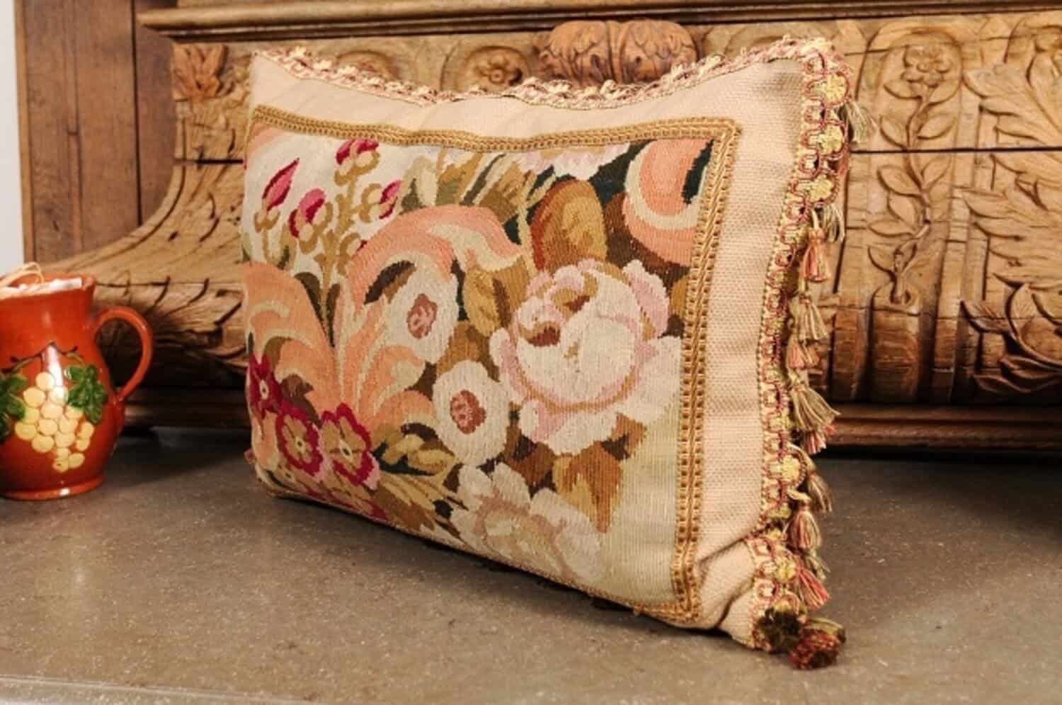 Pillow Made from a 19th Century French Tapestry with Floral Décor and Tassels - JAA