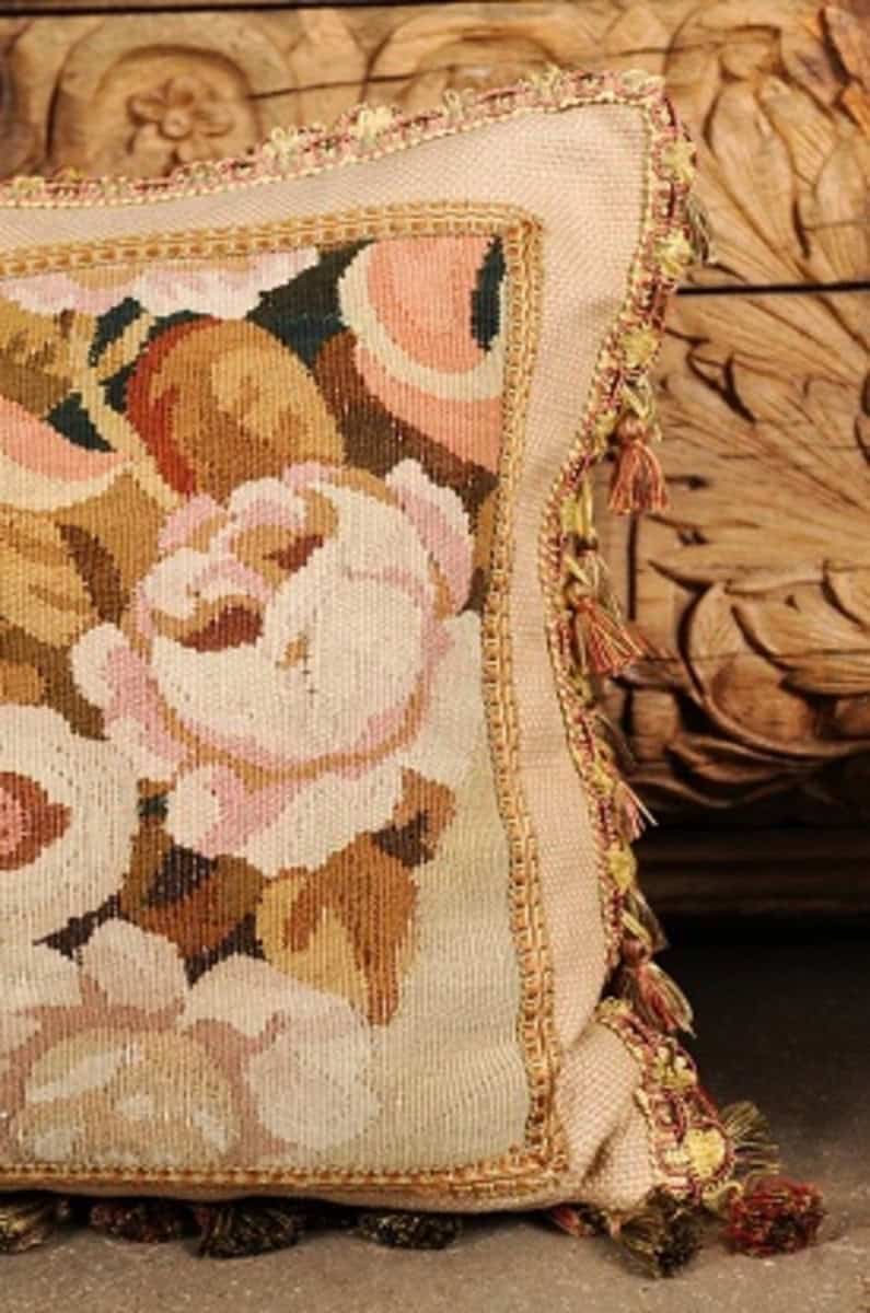 Pillow Made from a 19th Century French Tapestry with Floral Décor and Tassels - JAA
