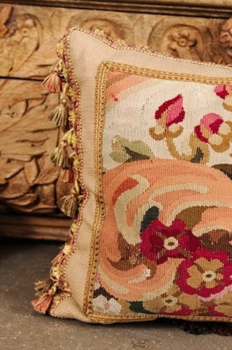 Pillow Made from a 19th Century French Tapestry with Floral Décor and Tassels - JAA