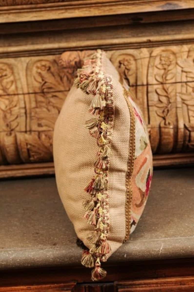 Pillow Made from a 19th Century French Tapestry with Floral Décor and Tassels - JAA