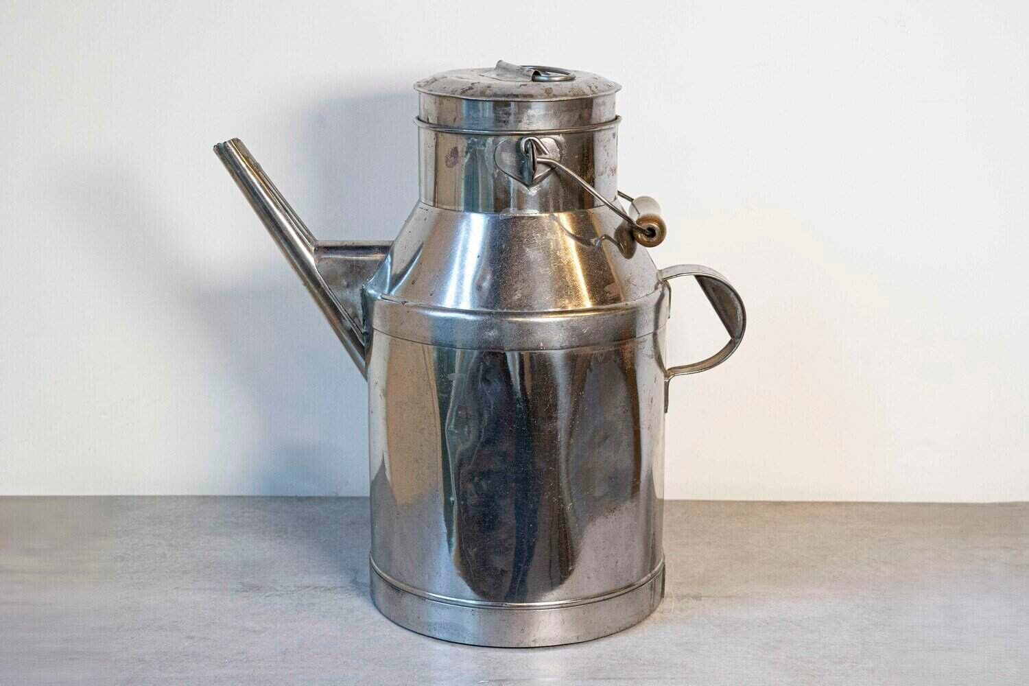 French 19th Century Metal Milk Can with Long Spout and Wooden Handle - JAA