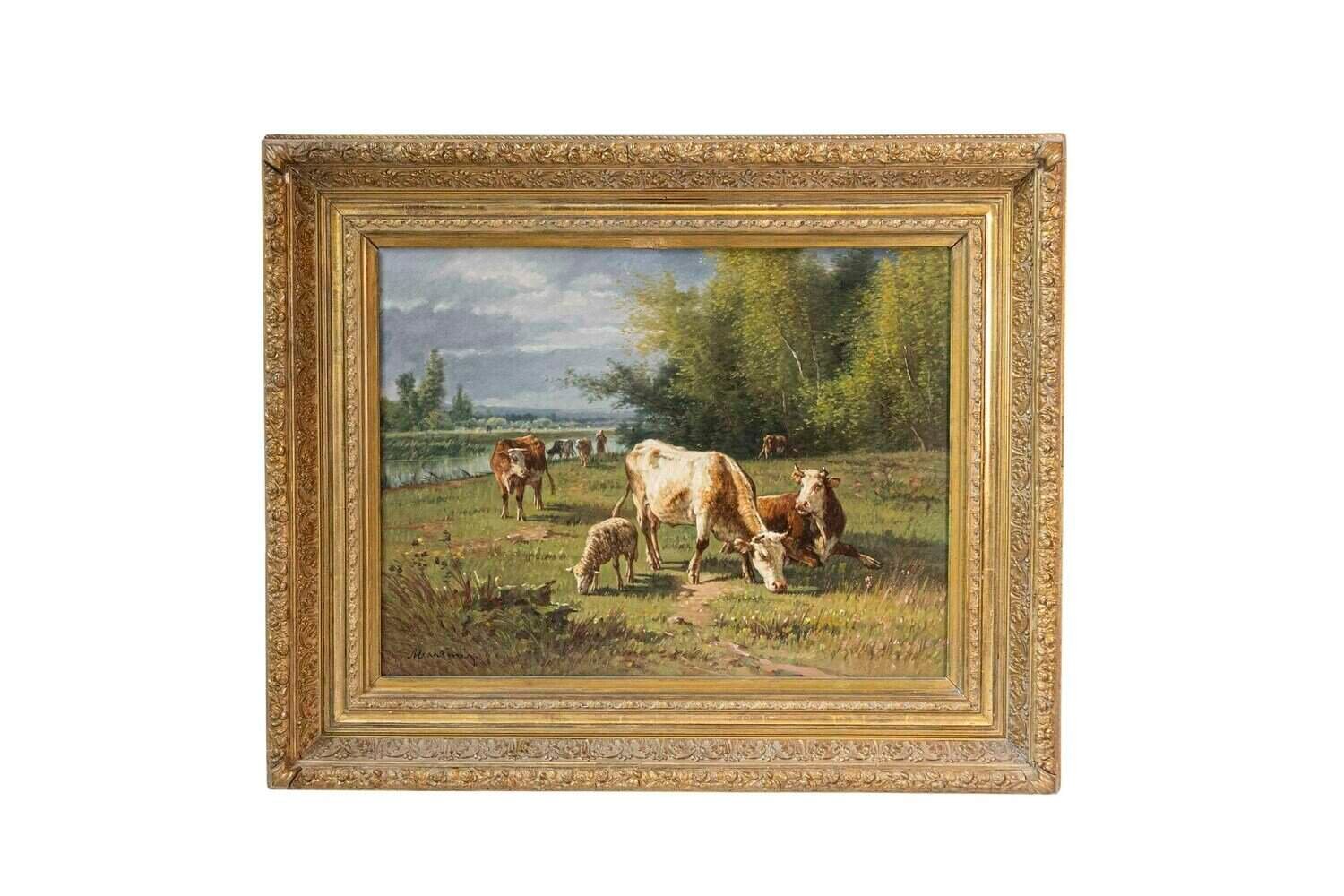 French Barbizon Oil Painting of Cattle Herd by Pablo Martinez del Rio, 1870s - JAA