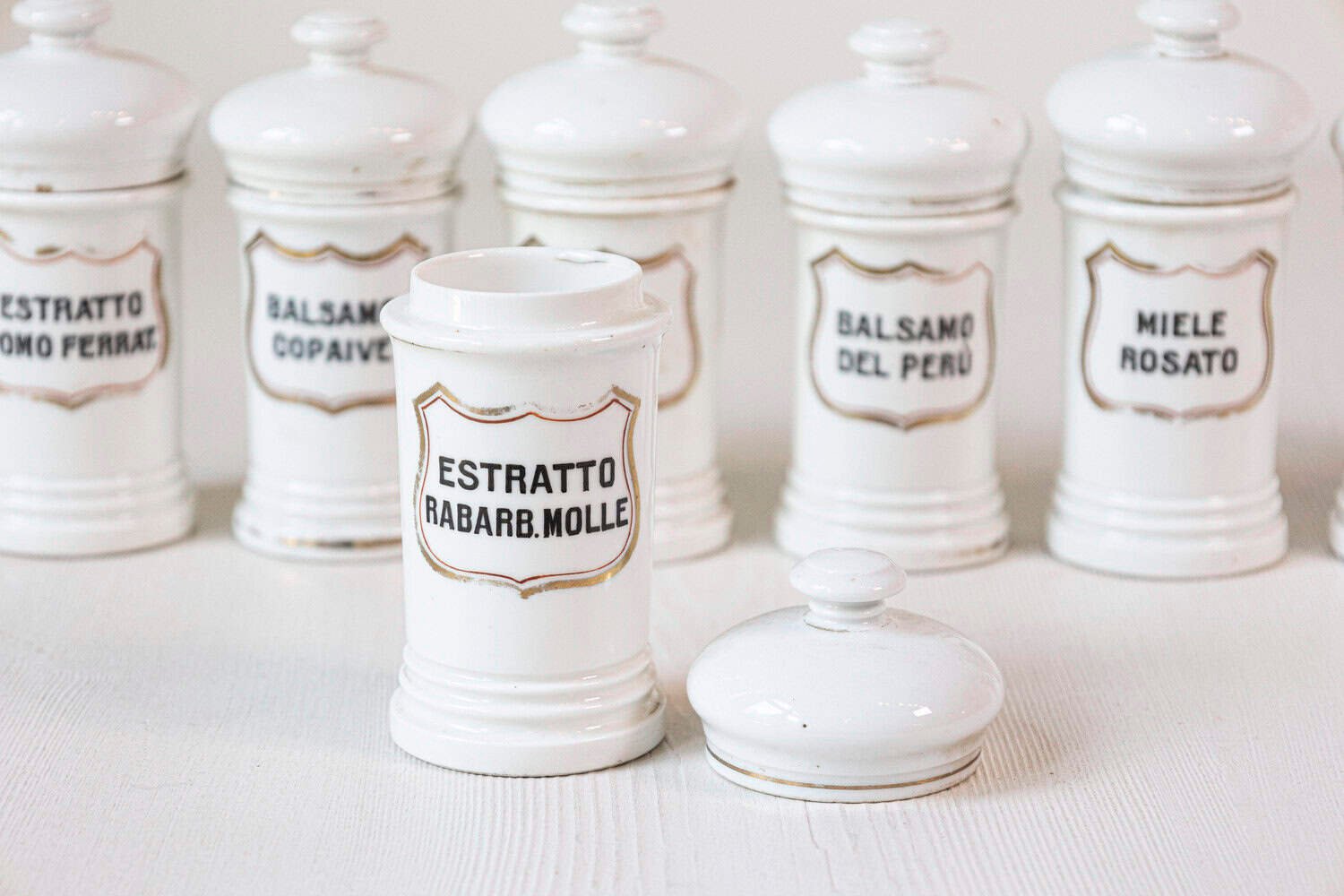 Italian 20th Century Porcelain Pharmacy Jars with Labels - JAA