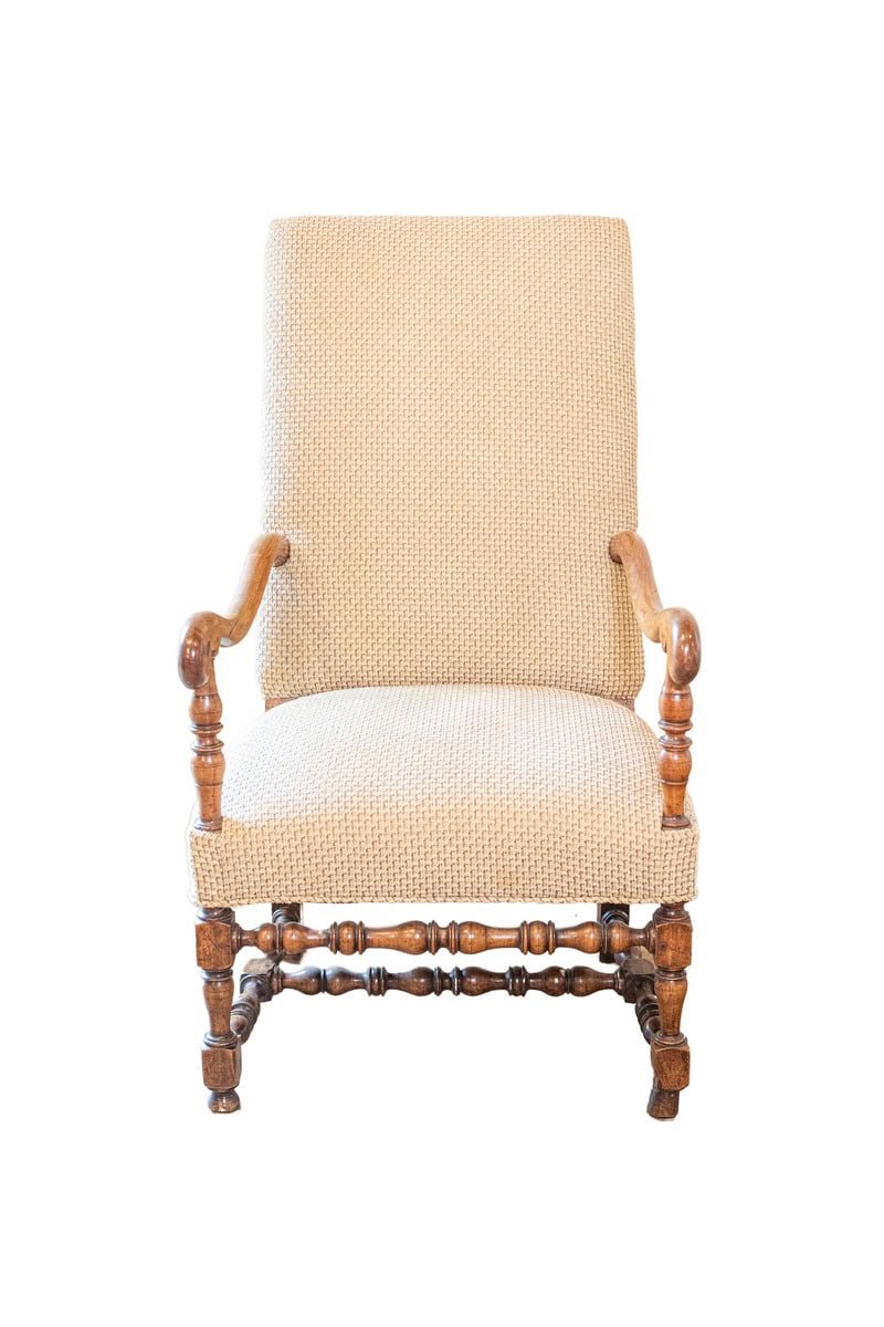 Louis XIII Style Walnut French Fauteuil with Scrolling Arms and Turned Base