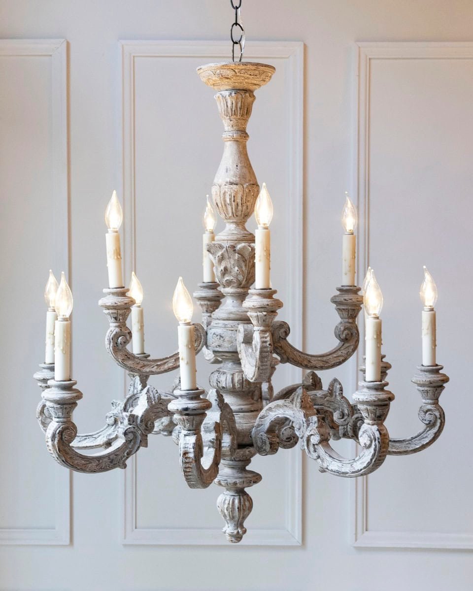 French 20th Century Carved and Painted Wood Twelve-Light Chandelier - JAA