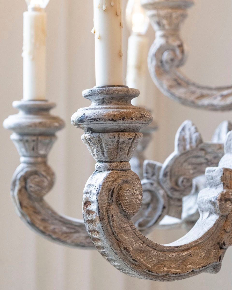 French 20th Century Carved and Painted Wood Twelve-Light Chandelier - JAA