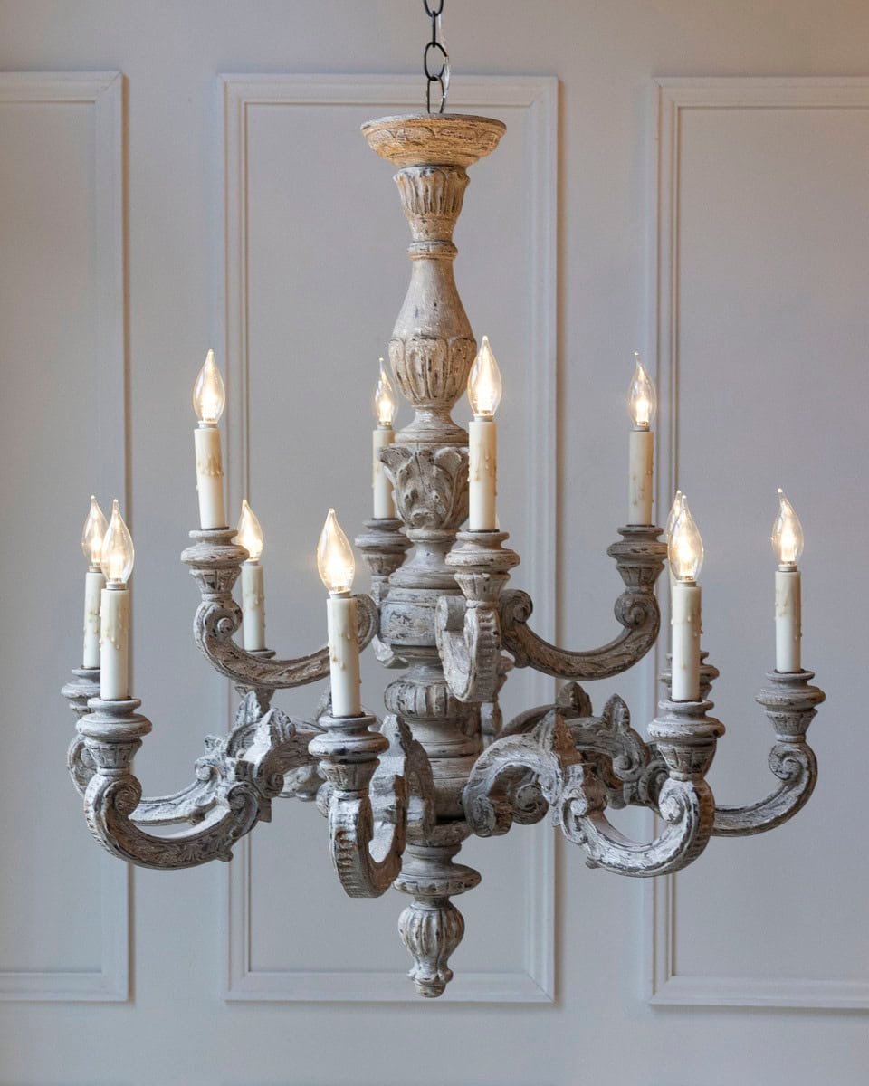French 20th Century Carved and Painted Wood Twelve-Light Chandelier - JAA