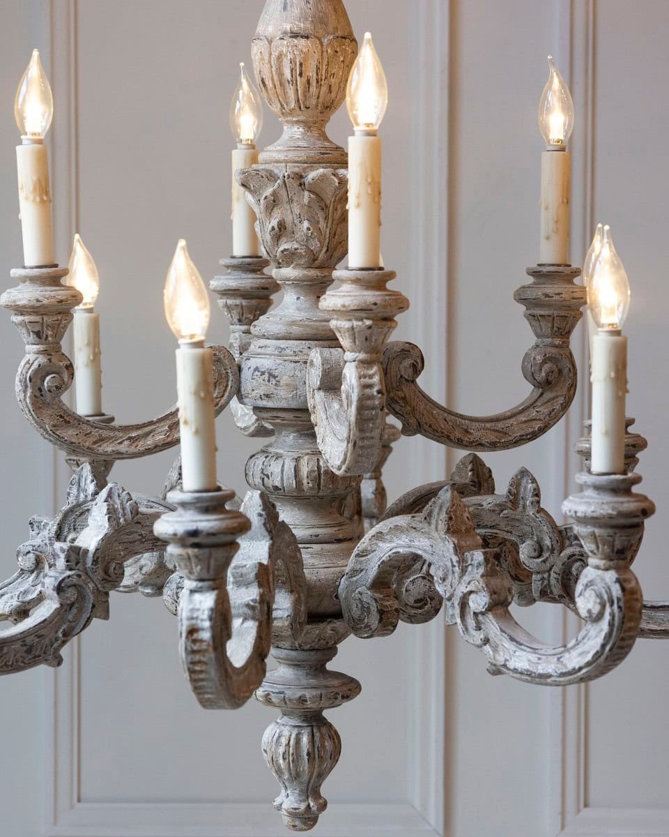 French 20th Century Carved and Painted Wood Twelve-Light Chandelier - JAA