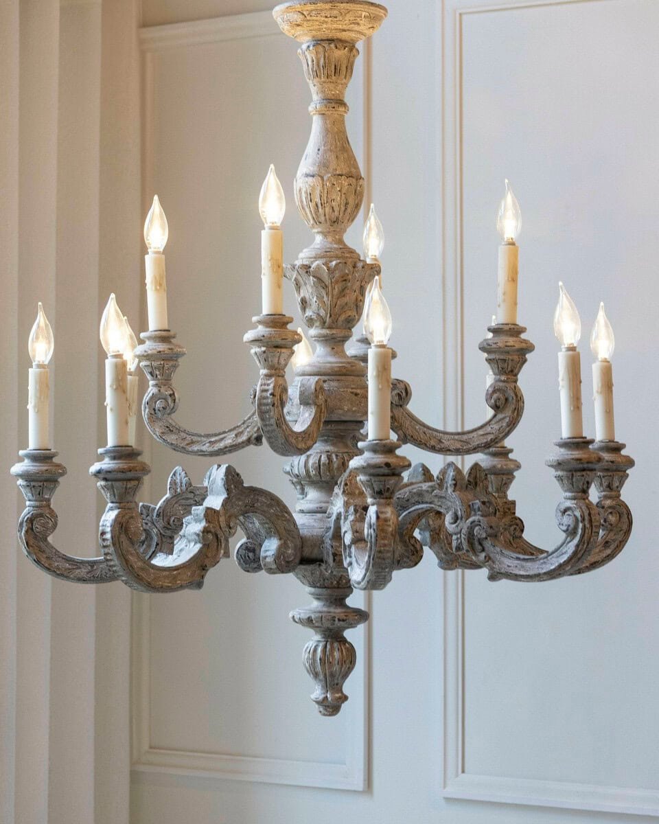 French 20th Century Carved and Painted Wood Twelve-Light Chandelier - JAA