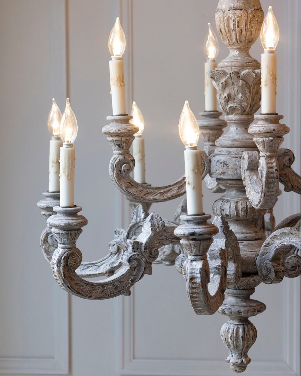 French 20th Century Carved and Painted Wood Twelve-Light Chandelier - JAA