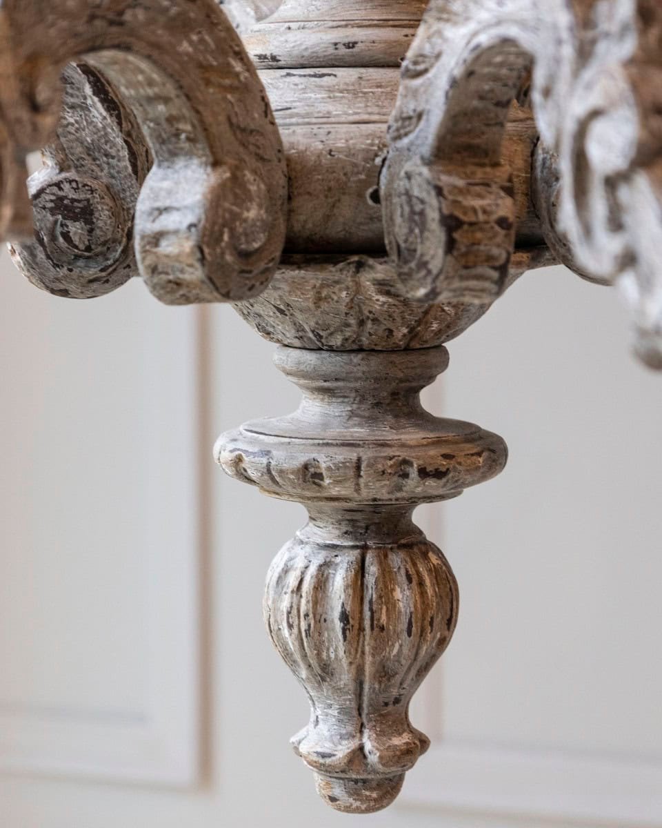 French 20th Century Carved and Painted Wood Twelve-Light Chandelier - JAA