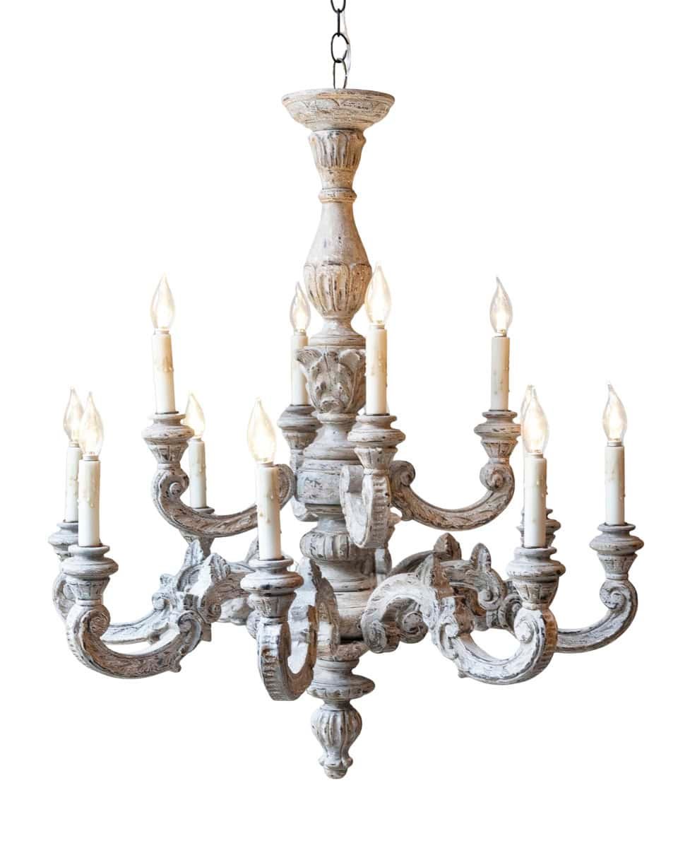 French 20th Century Carved and Painted Wood Twelve-Light Chandelier