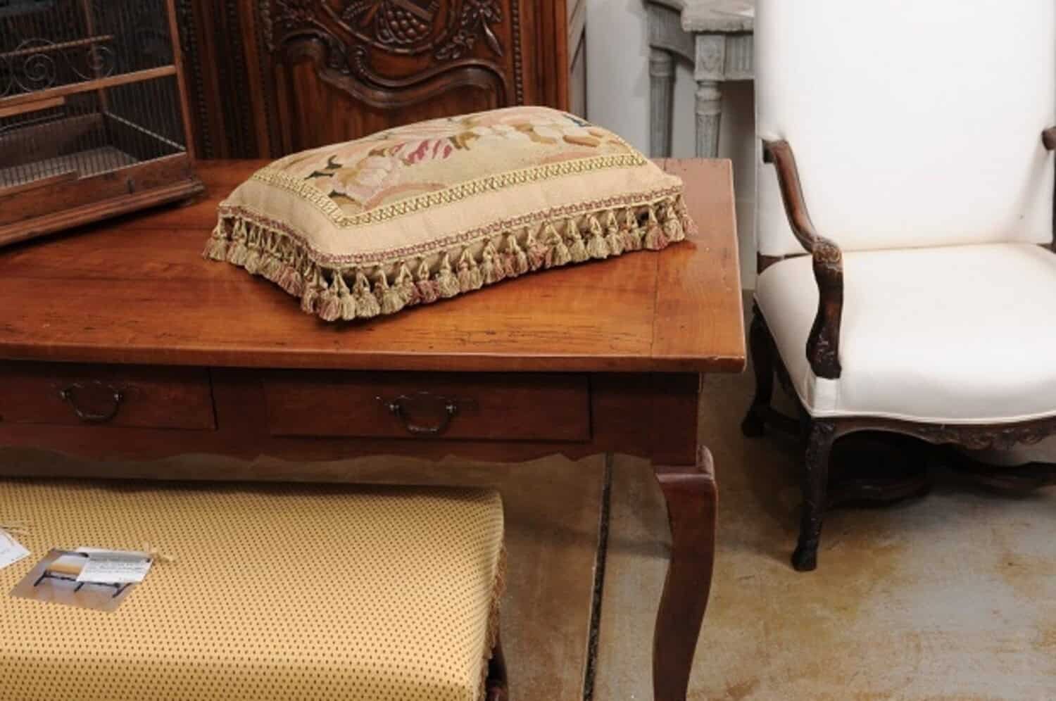 Pillow Made from a 19th Century French Tapestry with Floral Decor and Tassels - JAA