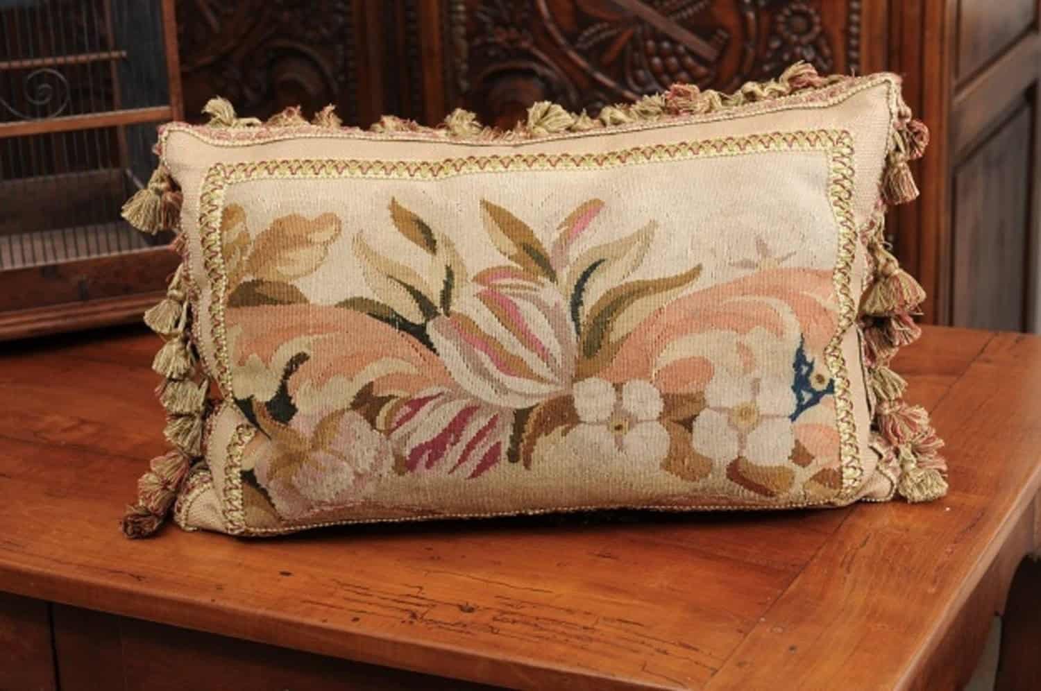 Pillow Made from a 19th Century French Tapestry with Floral Decor and Tassels - JAA