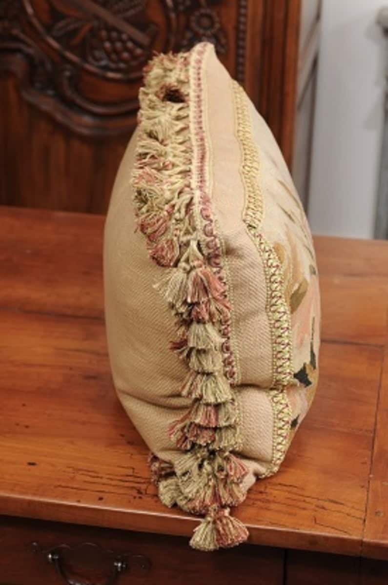 Pillow Made from a 19th Century French Tapestry with Floral Decor and Tassels - JAA