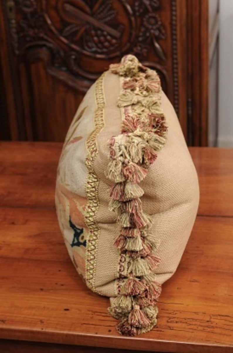 Pillow Made from a 19th Century French Tapestry with Floral Decor and Tassels - JAA