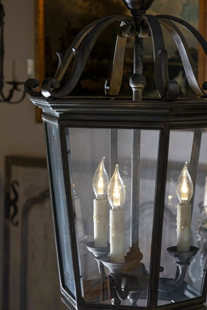 Spanish 1910s Bronze and Glass Hexagonal Lantern with Three Lights and Volutes - JAA