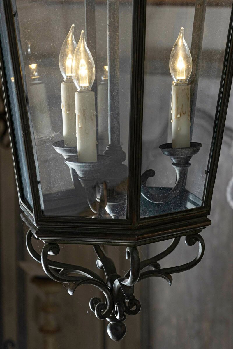 Spanish 1910s Bronze and Glass Hexagonal Lantern with Three Lights and Volutes - JAA