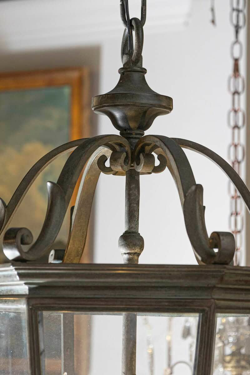Spanish 1910s Bronze and Glass Hexagonal Lantern with Three Lights and Volutes - JAA