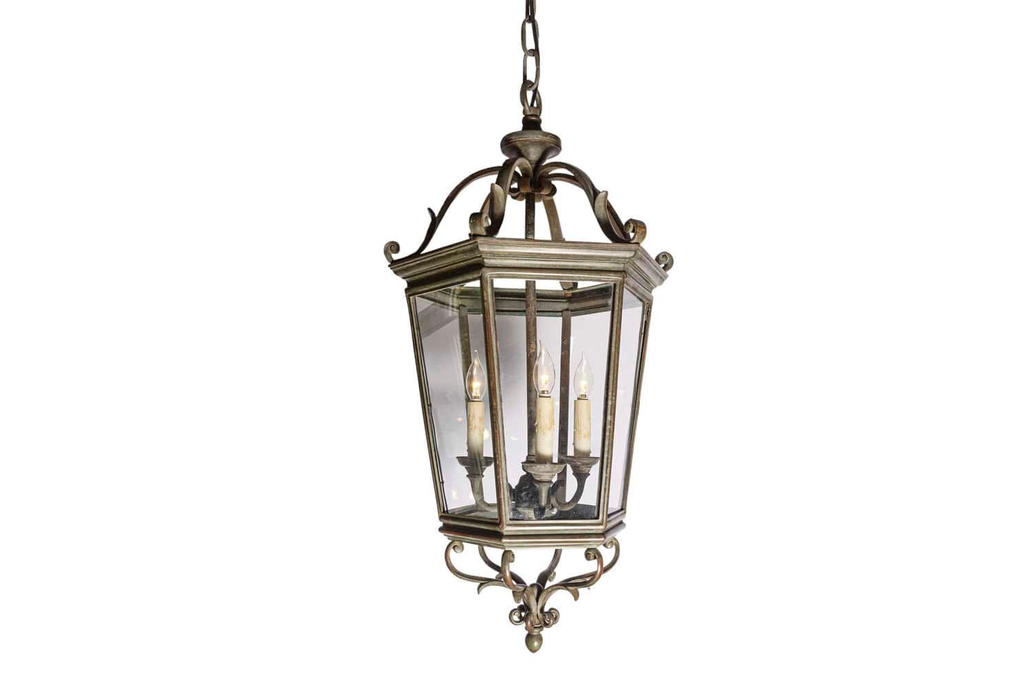 Spanish 1910s Bronze and Glass Hexagonal Lantern with Three Lights and Volutes