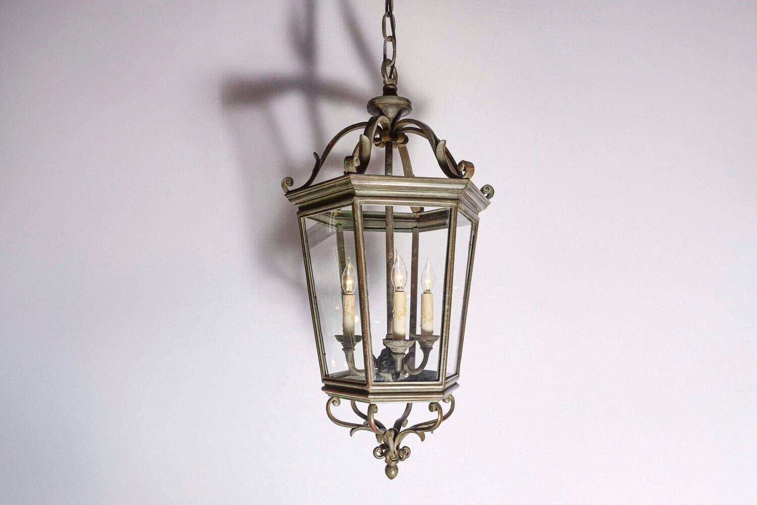 Spanish 1910s Bronze and Glass Hexagonal Lantern with Three Lights and Volutes - JAA