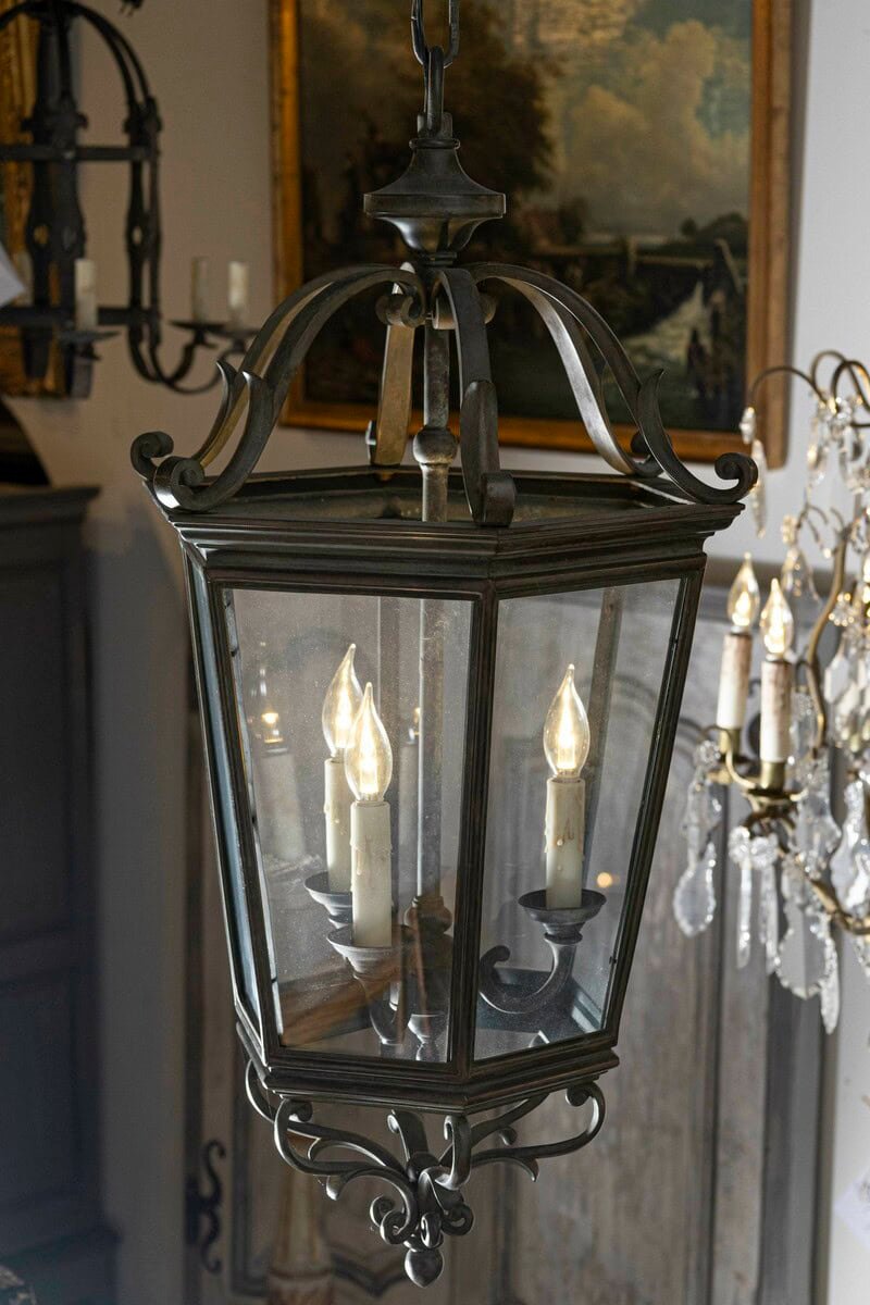 Spanish 1910s Bronze and Glass Hexagonal Lantern with Three Lights and Volutes - JAA