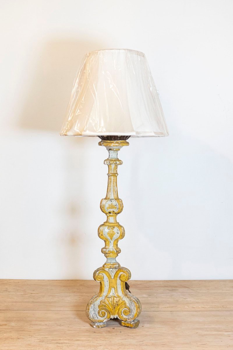 French Baroque Style 1870s Carved, Painted and Parcel-Gilt Candlestick Lamp - JAA
