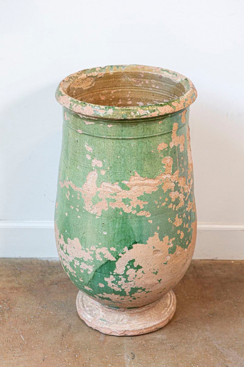 French Provincial 1880s Green Glazed Oblong Terracotta Jar with Weathered Patina - JAA