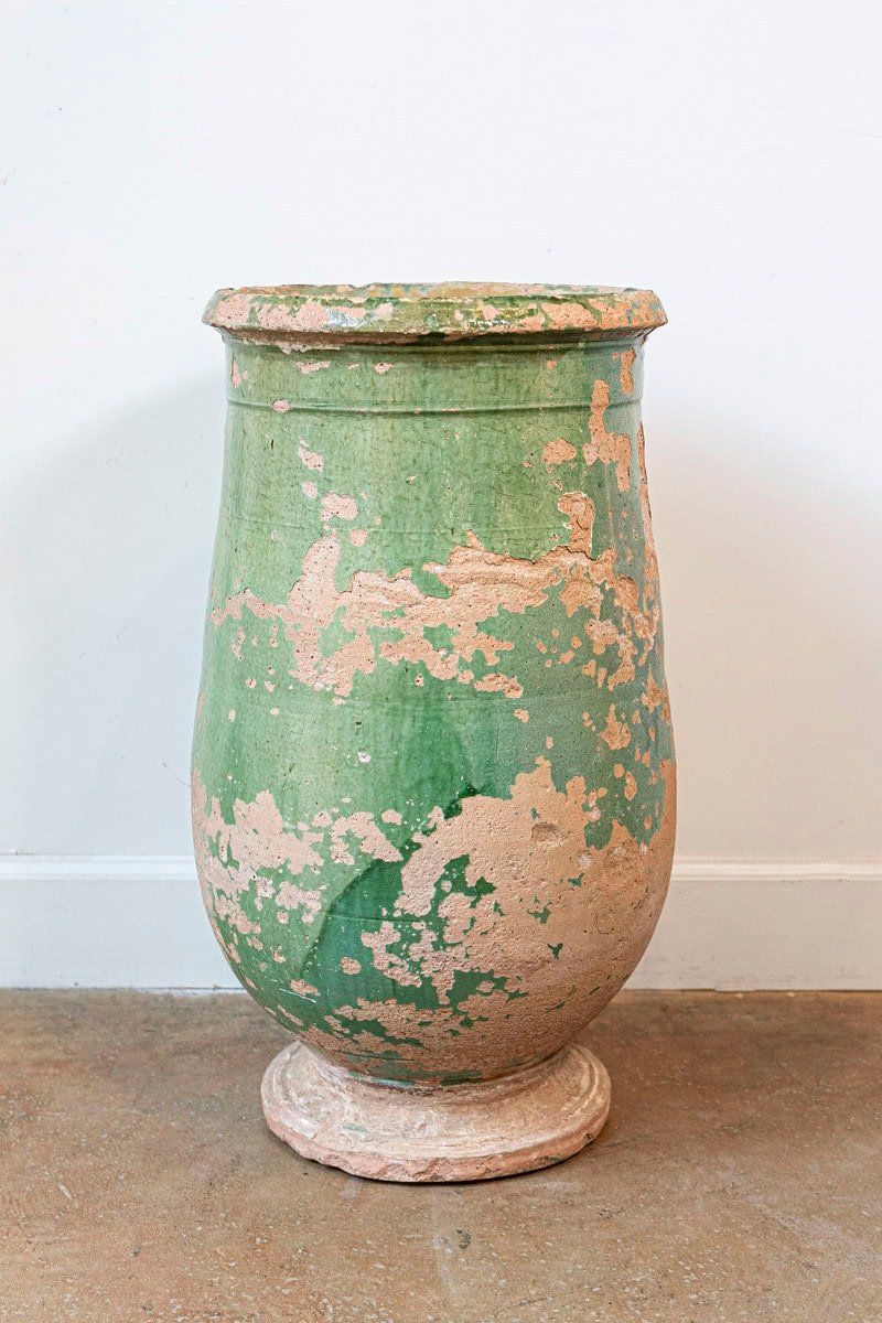 French Provincial 1880s Green Glazed Oblong Terracotta Jar with Weathered Patina - JAA