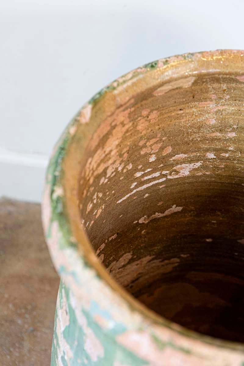French Provincial 1880s Green Glazed Oblong Terracotta Jar with Weathered Patina - JAA