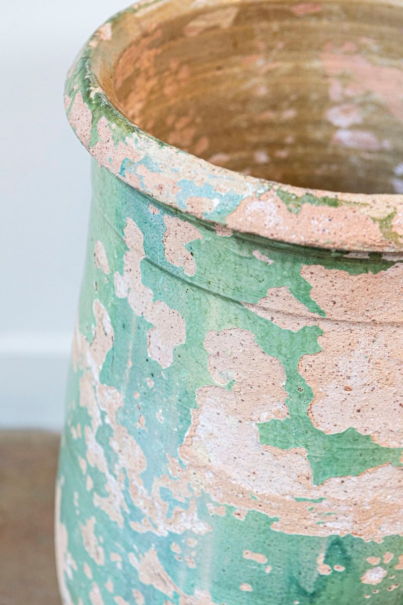 French Provincial 1880s Green Glazed Oblong Terracotta Jar with Weathered Patina - JAA