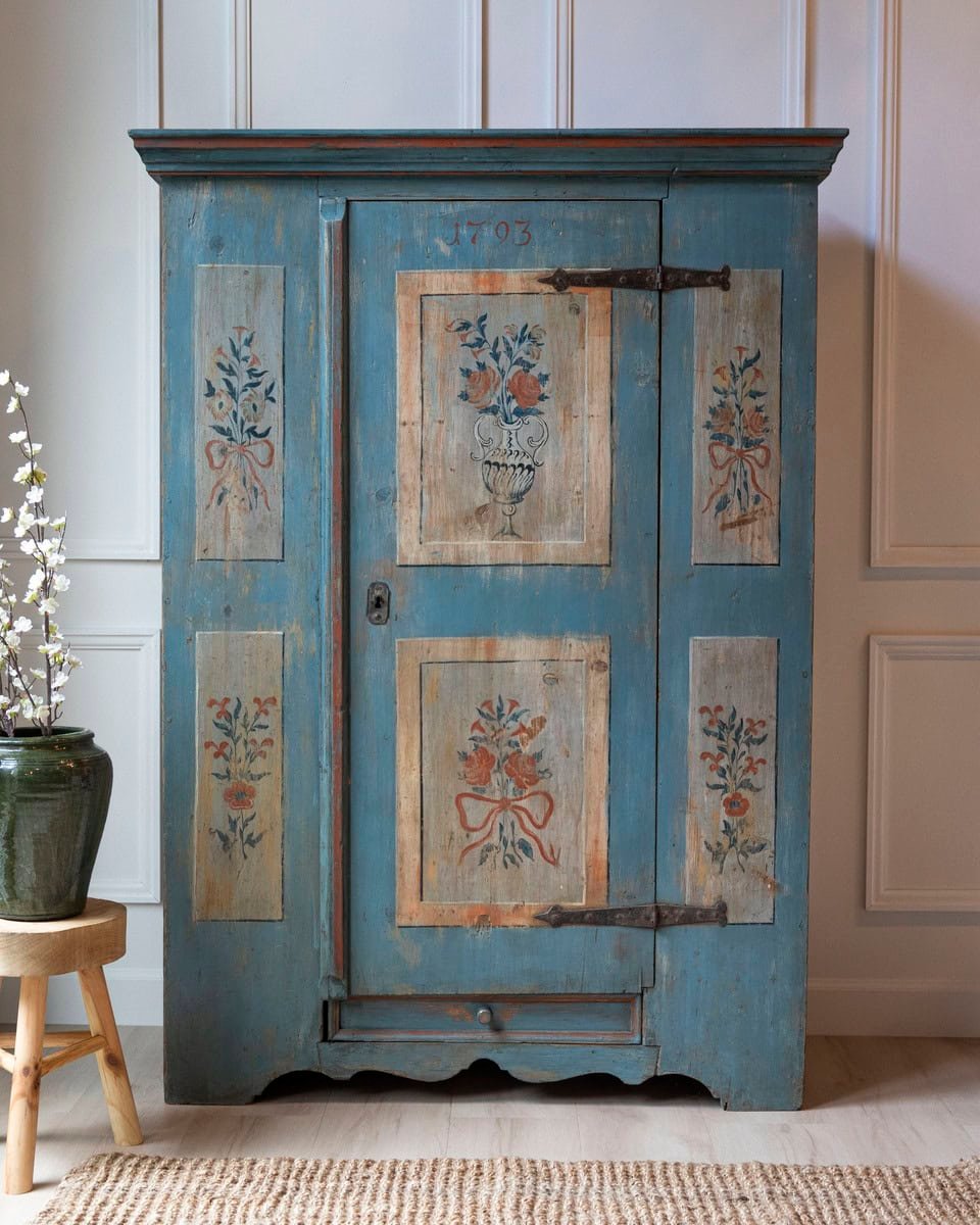 Tyrolean Late 18th Century Painted Pine Armoire with Original Folk Art Finish, Dated 1793 - JAA