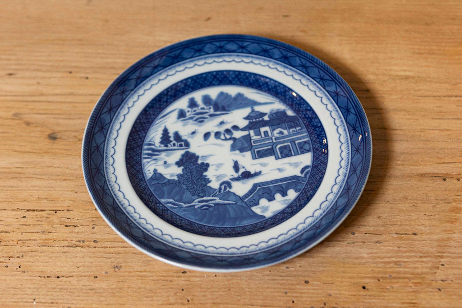Portuguese 20th Century Mottahedeh Blue Canton Porcelain Plate with Blue and White Chinese Landscape - JAA