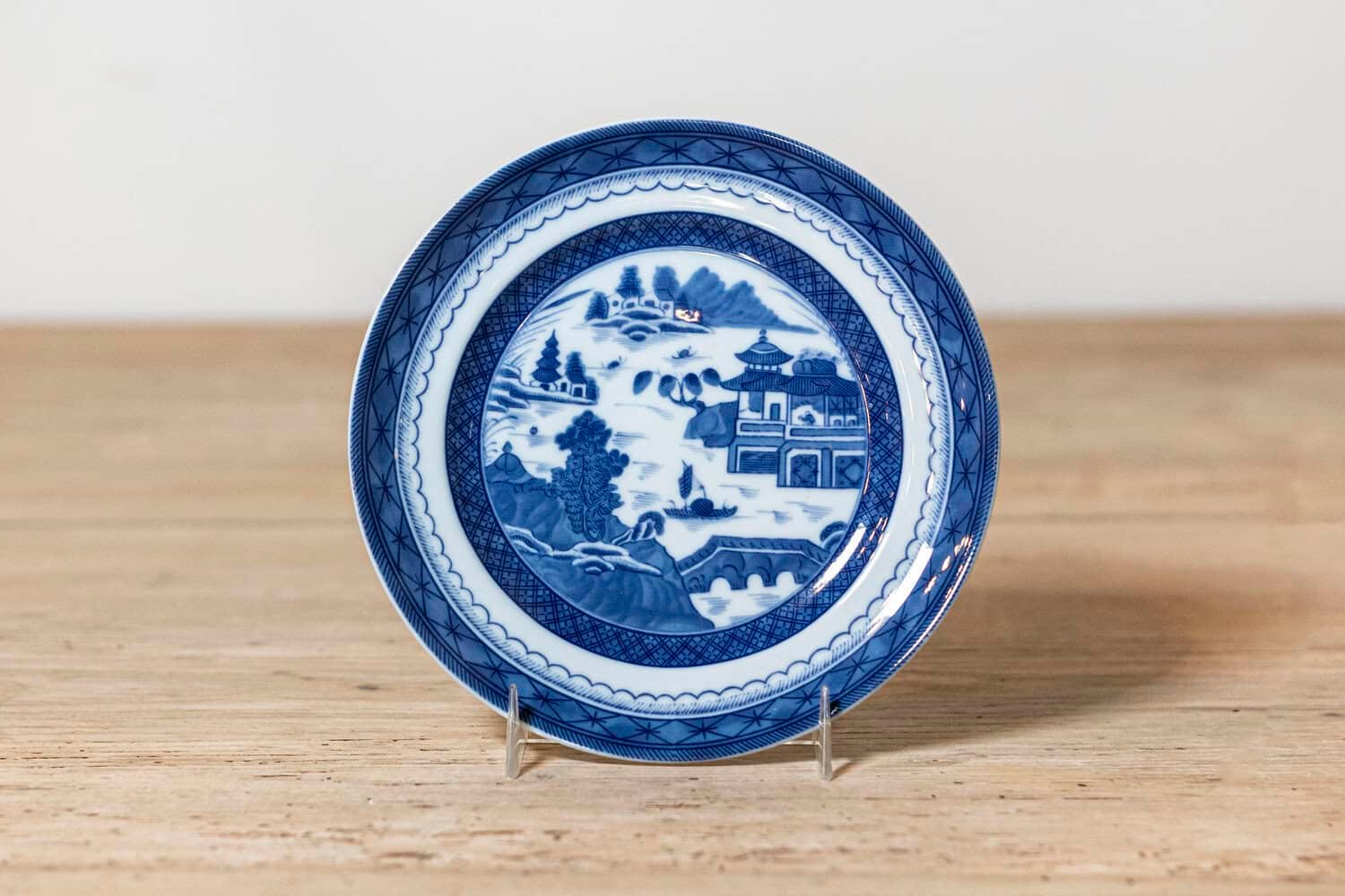 Portuguese 20th Century Mottahedeh Blue Canton Porcelain Plate with Blue and White Chinese Landscape - JAA