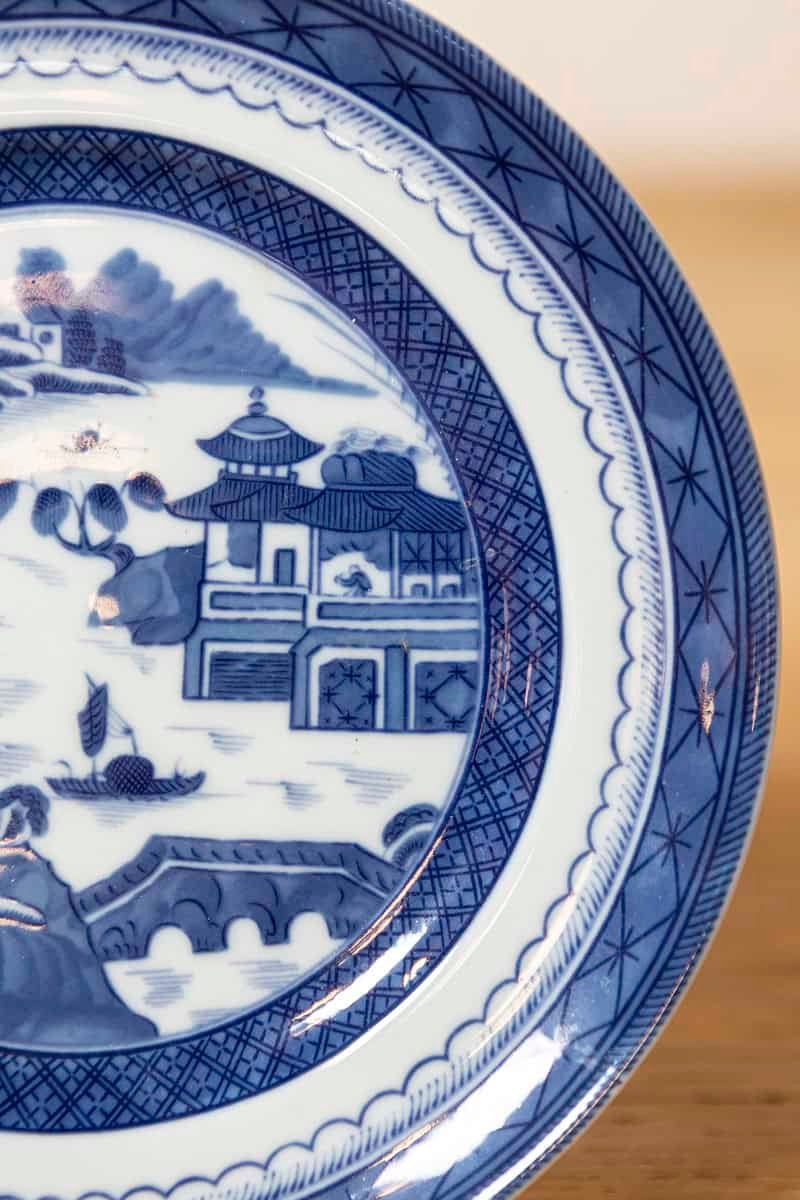 Portuguese 20th Century Mottahedeh Blue Canton Porcelain Plate with Blue and White Chinese Landscape - JAA