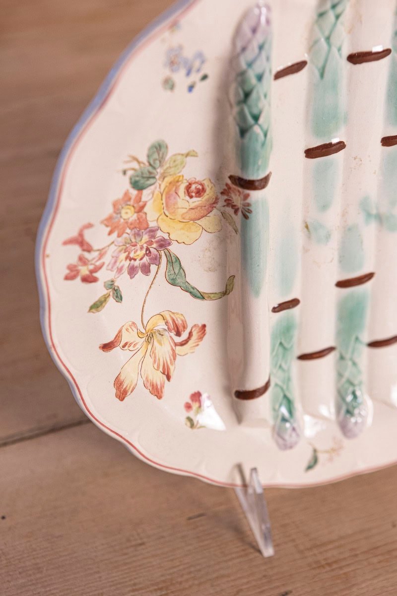 French 1880s Longchamp Pompadour Pattern Majolica Asparagus Plates with Floral Border - JAA