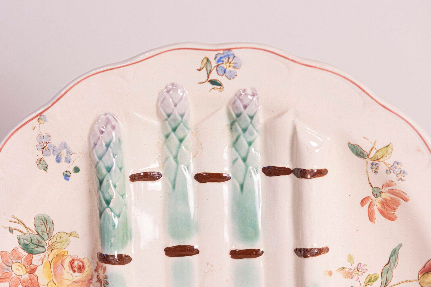 French 1880s Longchamp Pompadour Pattern Majolica Asparagus Plates with Floral Border - JAA
