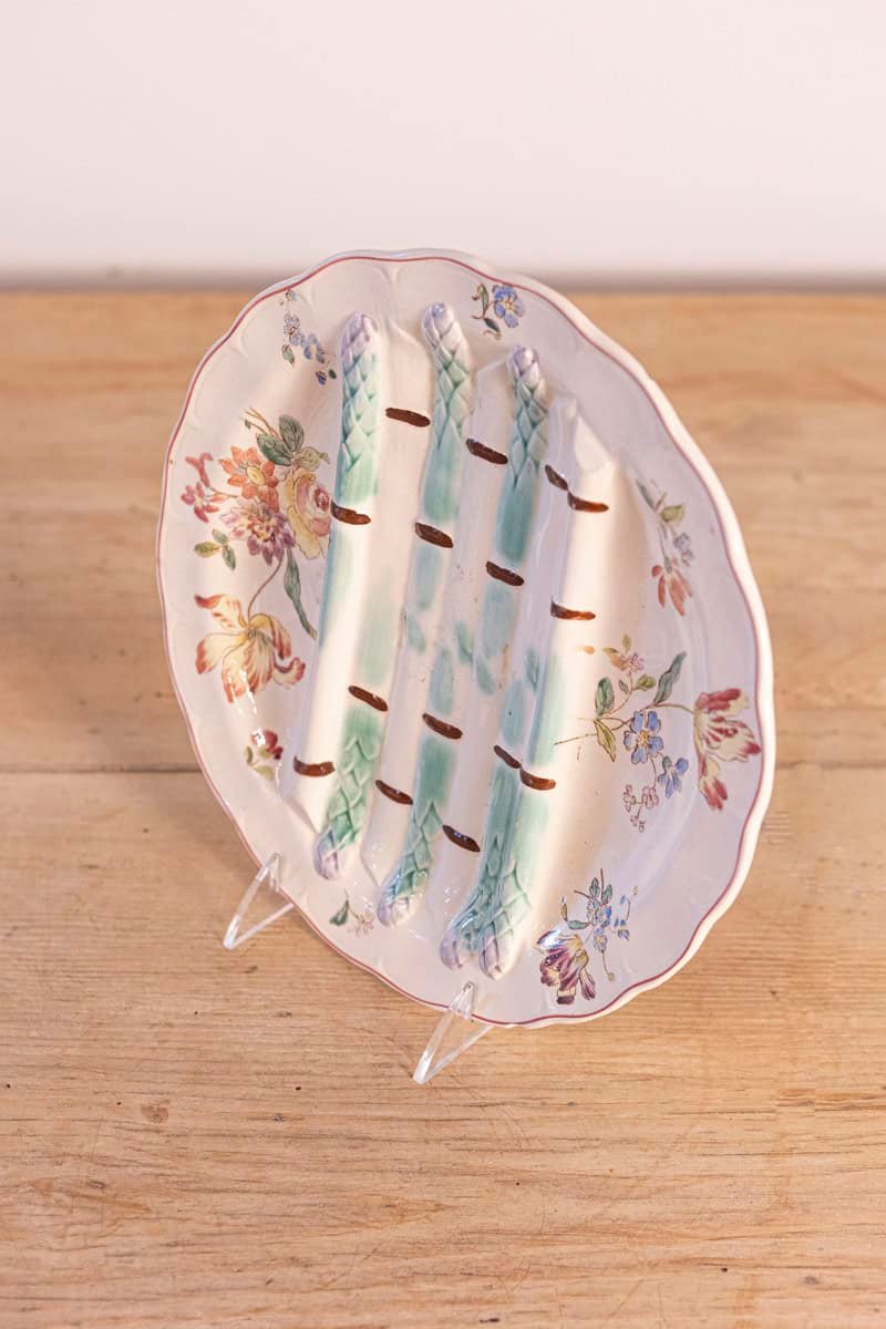 French 1880s Longchamp Pompadour Pattern Majolica Asparagus Plates with Floral Border - JAA