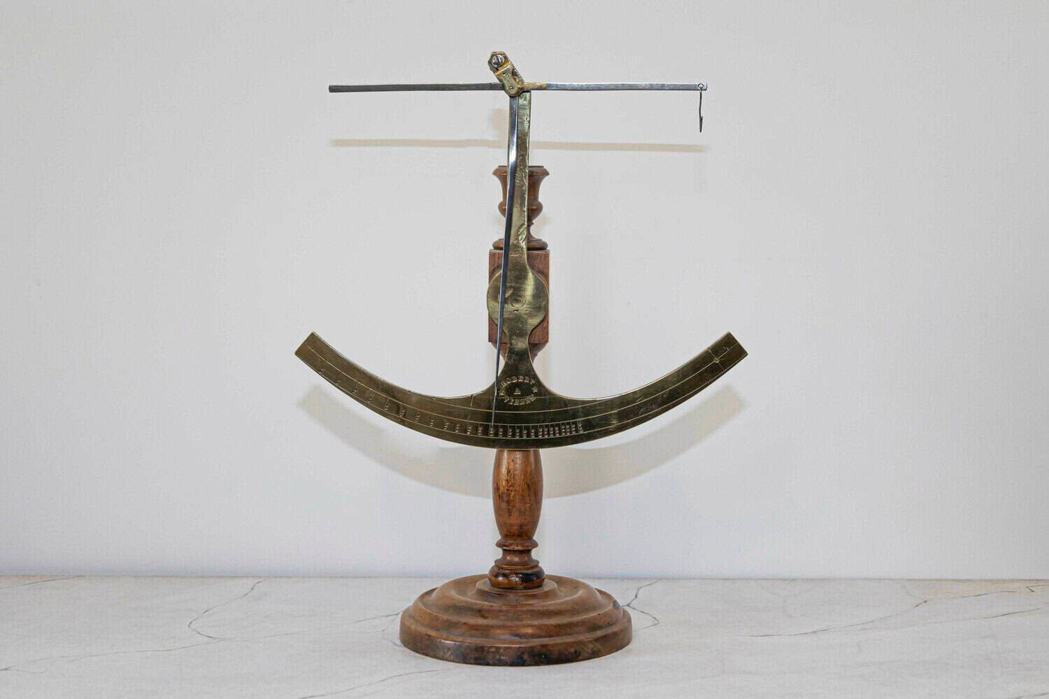 French 19th Century Brass Fabric Scale on Wooden Base Signed Robert A Vienne - JAA