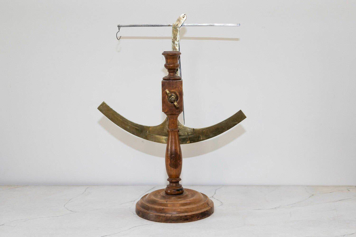 French 19th Century Brass Fabric Scale on Wooden Base Signed Robert A Vienne - JAA