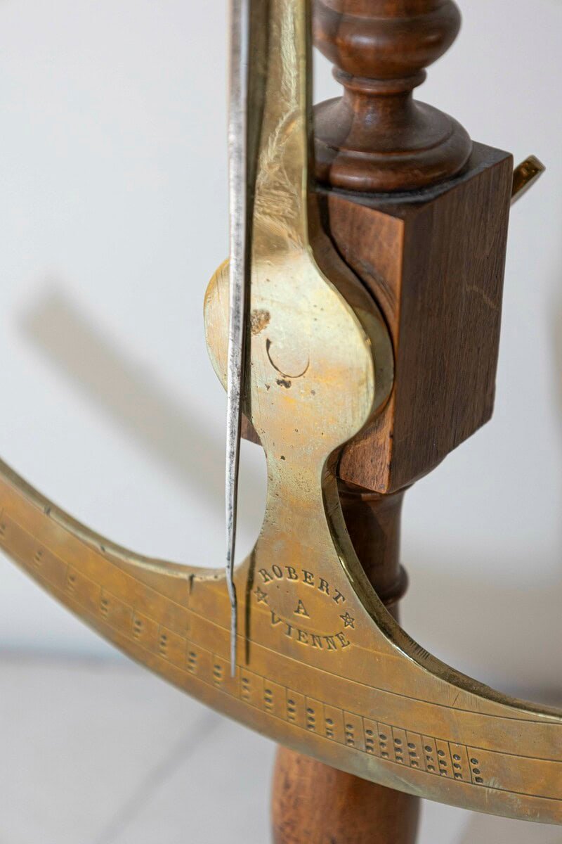 French 19th Century Brass Fabric Scale on Wooden Base Signed Robert A Vienne - JAA
