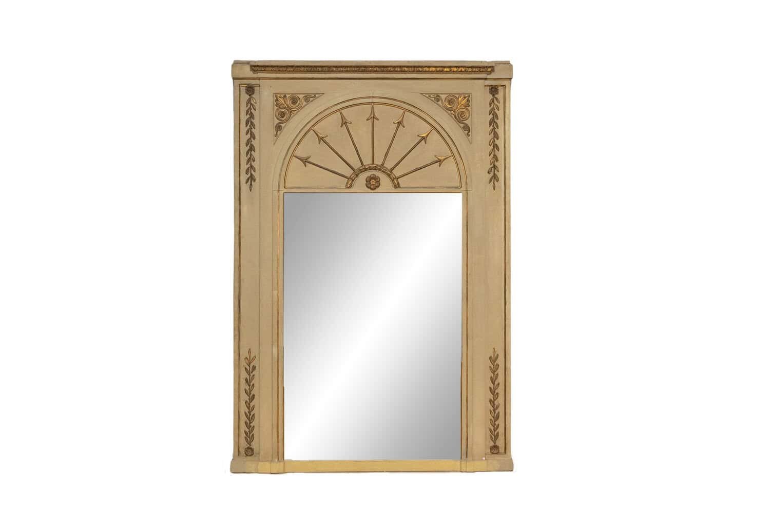 French Empire Style Beige Painted Trumeau Mirror with Carved Gilt Décor - JAA