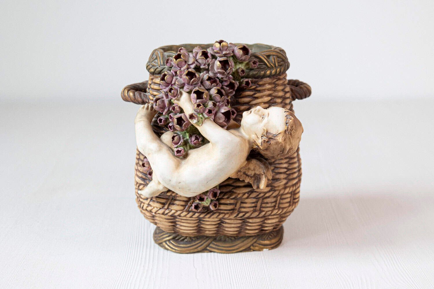 French Painted Terracotta Wicker Basket Vase with Cherub Swinging from Roses - JAA