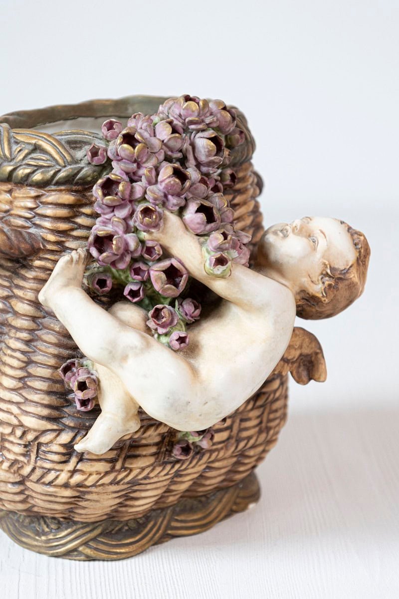 French Painted Terracotta Wicker Basket Vase with Cherub Swinging from Roses - JAA