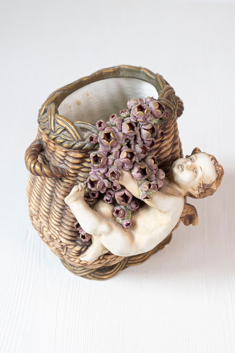 French Painted Terracotta Wicker Basket Vase with Cherub Swinging from Roses - JAA