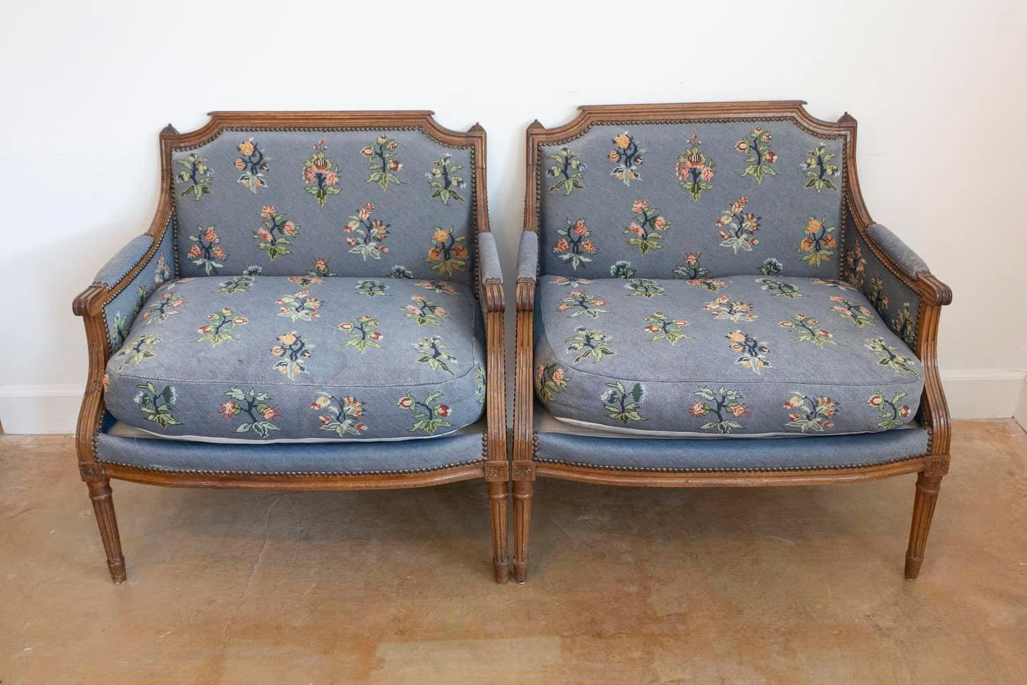 Pair of French Louis XVI Period 1790s Bergère Marquise Chairs with Upholstery - JAA