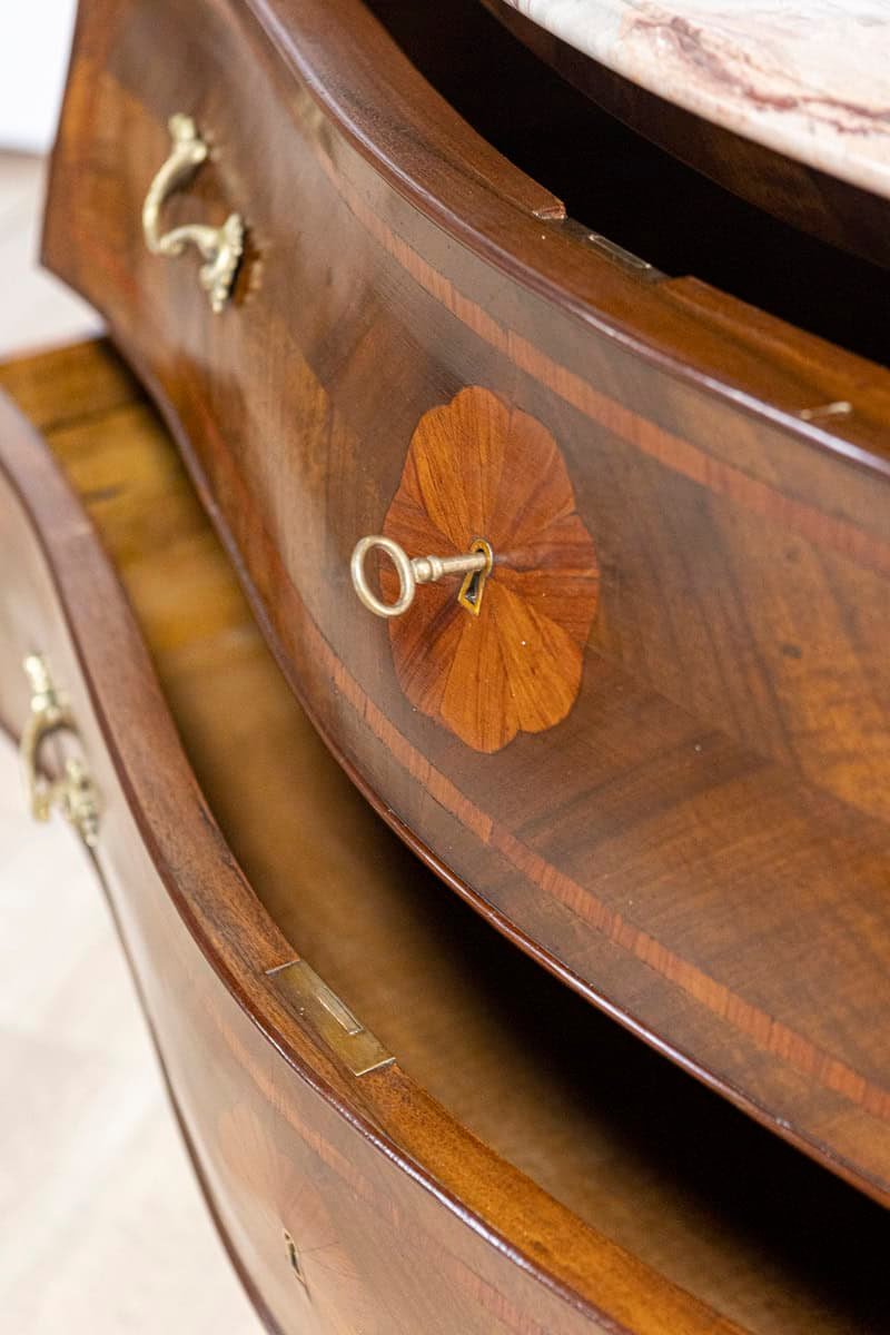 Italian Early 20th Century Rococo Style Walnut Commodes with Marble Tops, Pair, c.1900 - JAA