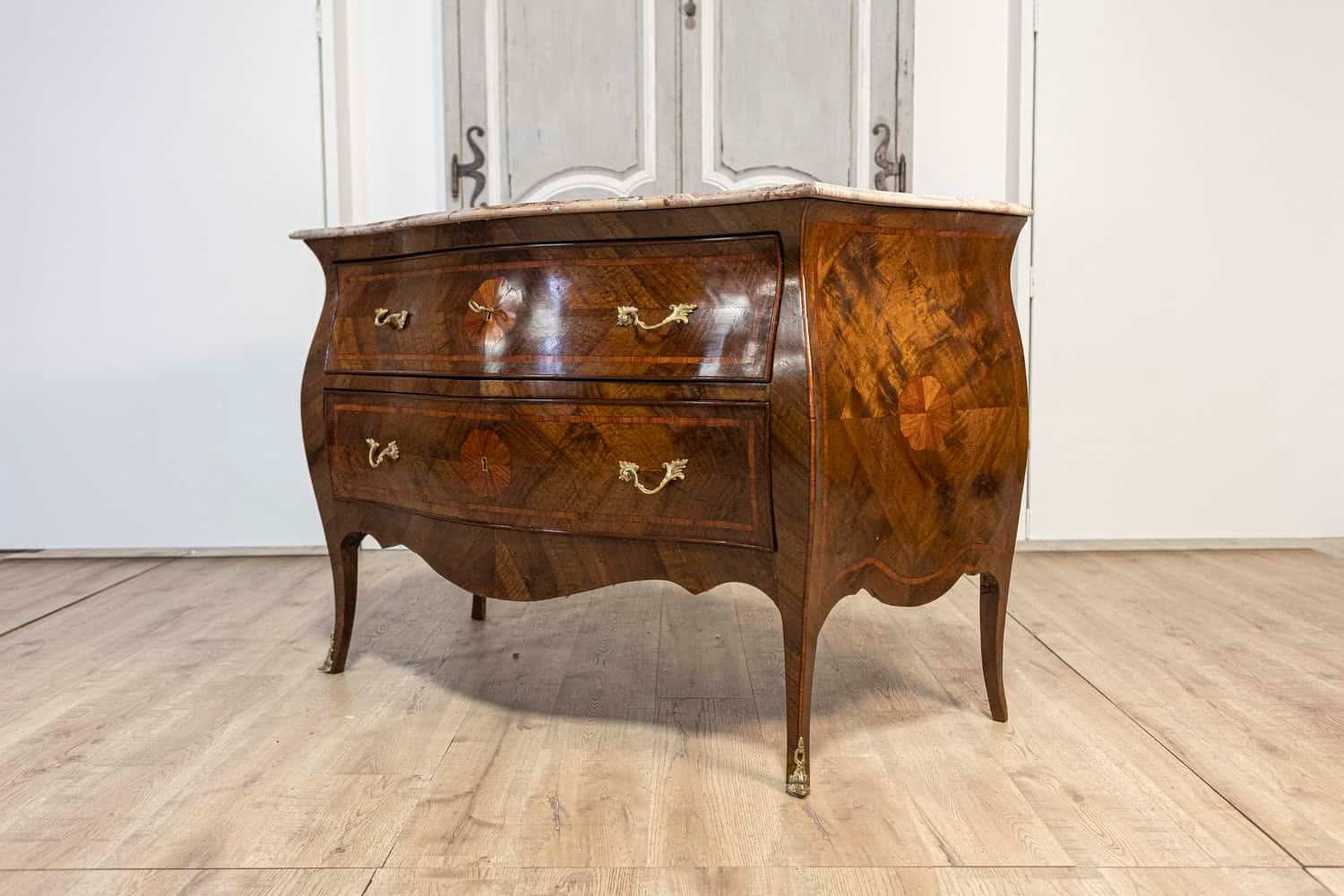 Italian Early 20th Century Rococo Style Walnut Commodes with Marble Tops, Pair, c.1900 - JAA