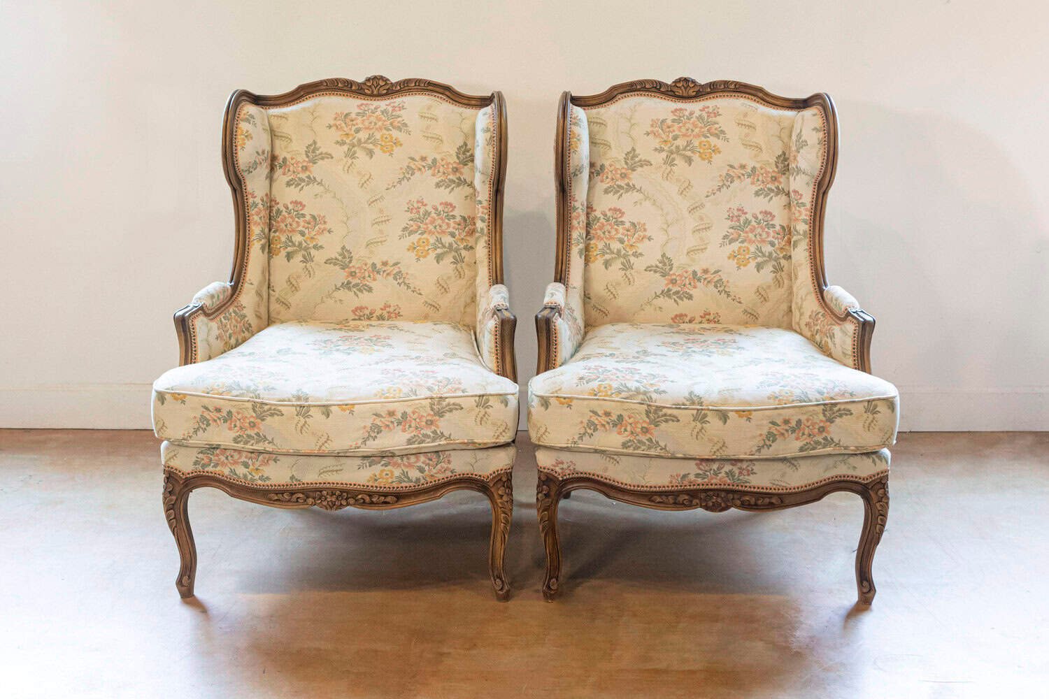 Pair of French Louis XV Style Bergères À Oreilles with Carved Floral Décor - JAA